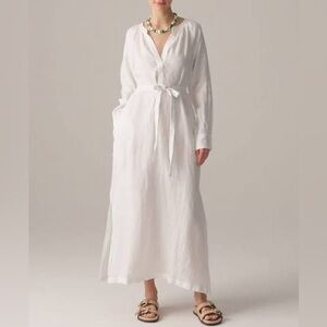 J Crew NWT long sleeve V neck Cabana maxi dress in linen in white